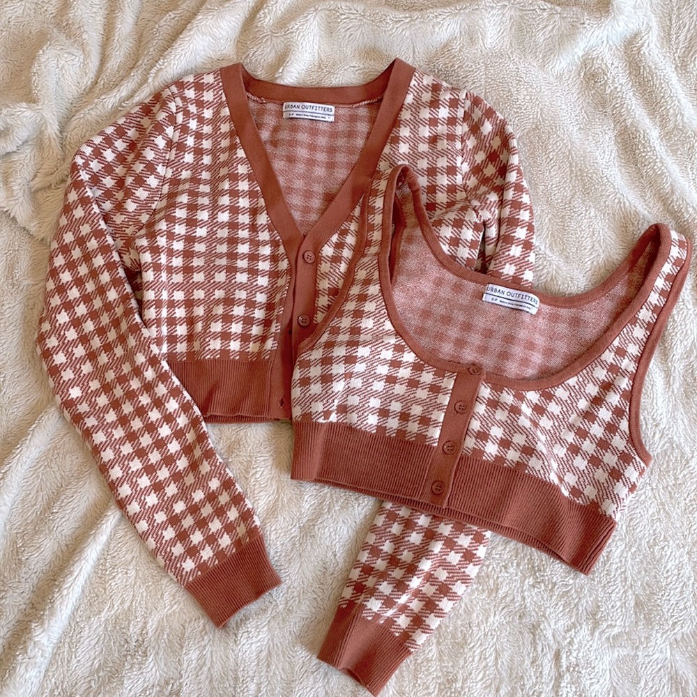 Small urban outfitters rust orange cropped cardigan and tank top set